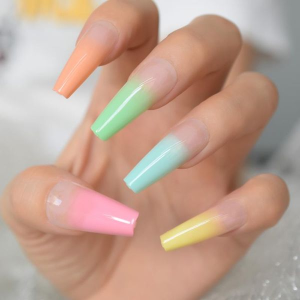 

false nails ultra long coffin gradient press on ballet candy rainbow fake set glossy gel shine nude ombre french acrylic nail, Red;gold