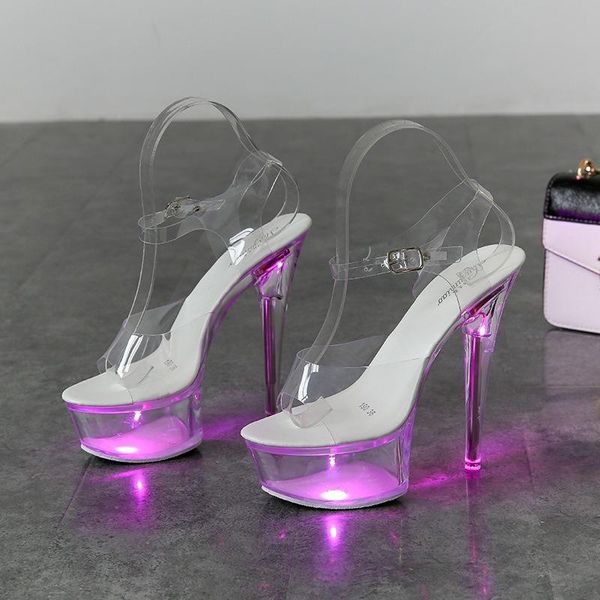 

sandals size 34-43 luminous super high stiletto heels nightclub transparent platform model led light wedding shoes, Black