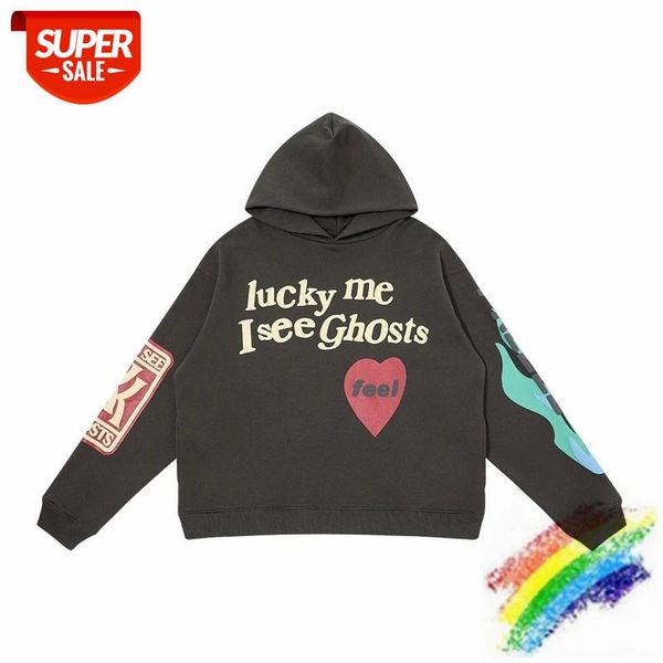 

foam printing kanye west hoodies men women 1:1 lucky me i see ghosts red heart feel logo sweatshirts kids see ghosts pullover #yl1c, Black