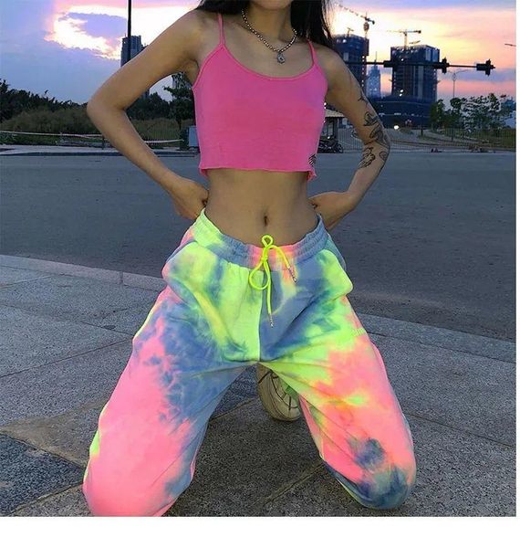 

women's pants & capris women high waist european station ins fashion personality tie-dye gradient casual loose slim all-match, Black;white