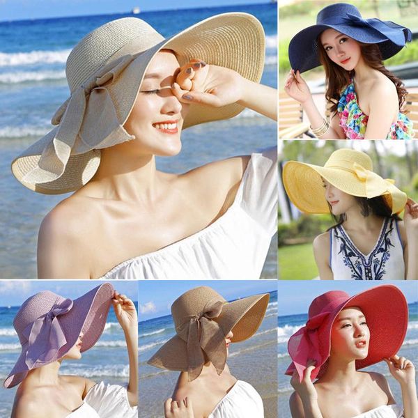

summer wide brim white straw hats big sun hats for women uv protection floppy beach ladies bow hat chapeau femme beach, Blue;gray