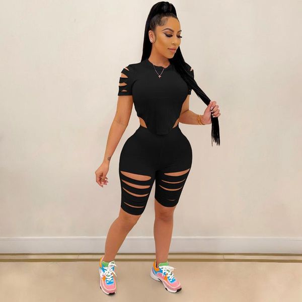 

women's tracksuits 2021 summer fashion irregular solid color casual hollow design sports shorts two piece set, Gray