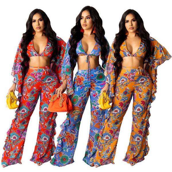 

women's two piece pants clothing featured flower two-piece set sa816, White