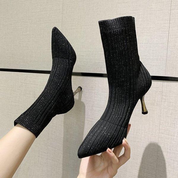 

boots elastic knit socks women autumn winter pointed toe thin heels ankle slim-flash bling fashion, Black