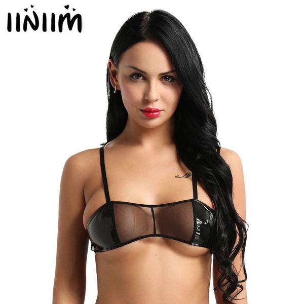 

iiniim womens black lingerie bralette tank bras faux leather see through mesh wire-no pad bra breathable bralette, Red;black