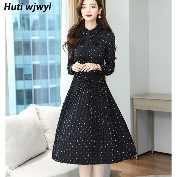 

casual dresses 2021 elegant black dot chiffon midi pleated autumn vintage long sleeve 2xl plus size beach dress women bodycon vestidos, Black;gray