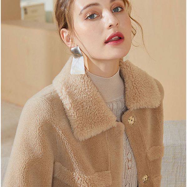 

women out of season solid sheep shearing outcoat feminine stylish double-sided woollen thin woolen ladies casual leather jackets y93 5vye, Black