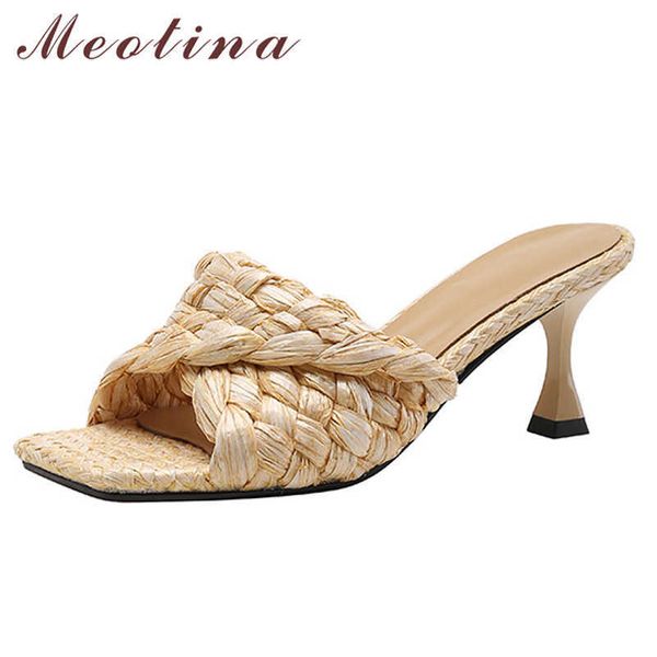 

meotina women shoes espadrille sandals high heel slippers thin heel slides square toe ladies footwear and flat shoes summer pink 210608, Black
