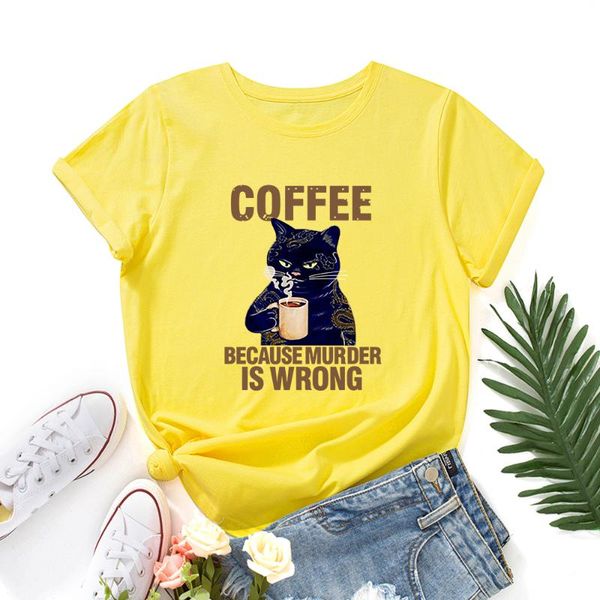 

women's t-shirt coffee lover cat because murder is wrong summer cotton for women short sleeve graphic tee shirts, White