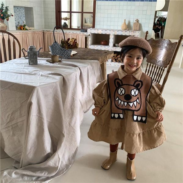 

girl's dresses autumn kids clothes corduroy dress girls puff sleeve sresses knitted shawl korean children clothing, Red;yellow