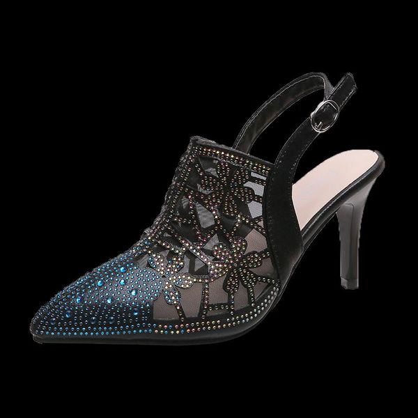 

sandals fashion women's mature and elegant temperament upper rhinestone decoration baotou breathable high-heeled, Black