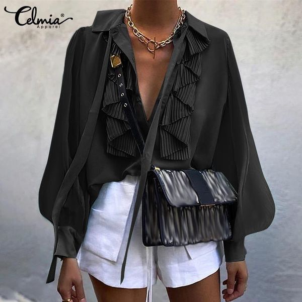 

women's blouses & shirts with bow tie autumn 2021 celmia women chiffon party lapel elegant puff long sleeve casual loose blasas, White
