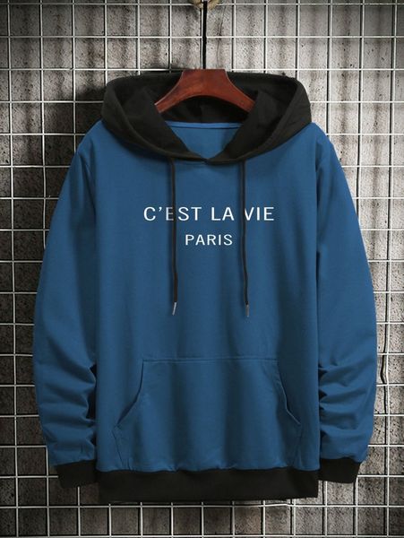 

men letter graphic drawstring kangaroo pocket hoodie i8px#, Black