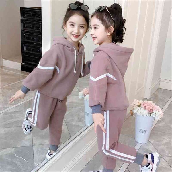 

teenager winter kids baby girls tracksuit striped plus velvet thick hoodied sport pants child 4 5 6 7 8, White