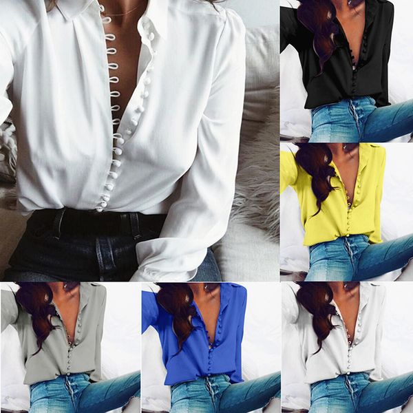 Bayan Üstleri Ve Bluzlar Uzun Kollu Bayan Hırka Düğmeli Moda Kadın Gömlek Yaka Gömlek Turn Down Yaka Bluz