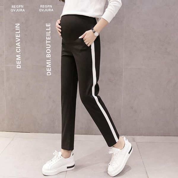 

1720# maternity pants spring autumn stripe casual pants loose comfy belly support elastic waist maternity trousers, White