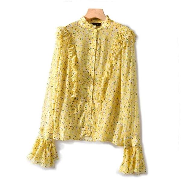 

early autum womens floral blouse long flare sleeve lady sweet ruffles trim single-breasted shirt female romantic blouses and top, White