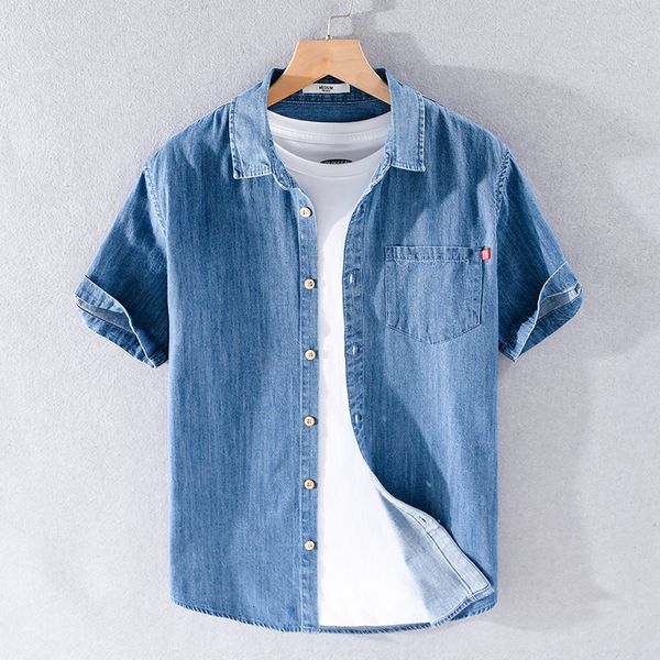 

2021 summer new brand denim short sleeve fashion shirts for men causal comfortable pure cotton shirt mens overhemd camisa n31n, White;black