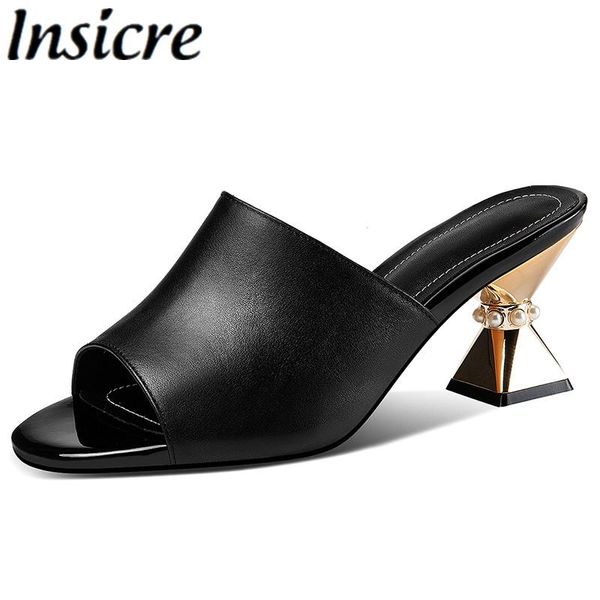

sandals insicre women cow leather bead round peep toe 2021 summer high heel shoes fashion slippers outside black shallow
