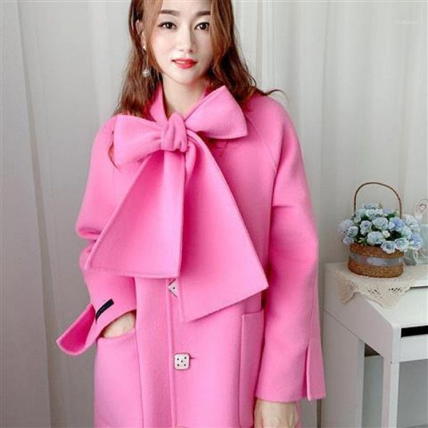 

women's wool & blends double faced cashmere coat for autumn and winter 2021 loose fashionable medium long woolen, Black