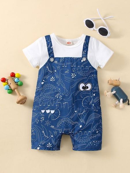 

baby dinosaur print patched detail dual pocket 2 in 1 romper she, Blue