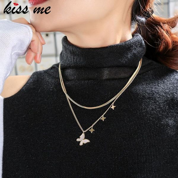 

kissme exquisite shell butterfly star pendant necklaces for women gold color brass layered chains necklaces 2021 fashion jewelry, Silver