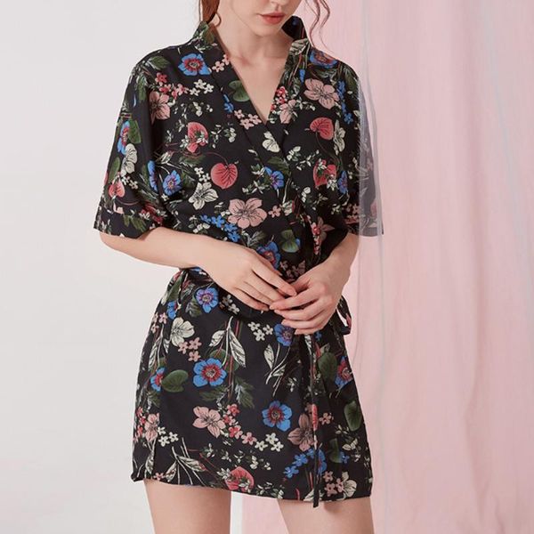 

women's sleepwear lace up nightwear pajamas set flower print women sexy-lingerie satin silk robe gown sets huispak vrouwen, Black;red