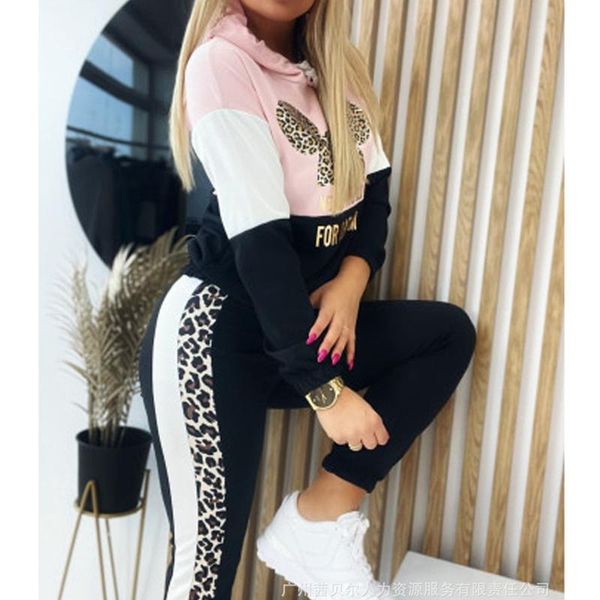 

women's two piece pants wepbel 2 sets outfits tracksuits casual leopard splicing sweatshirt suit women autumn sports wear clothing, White