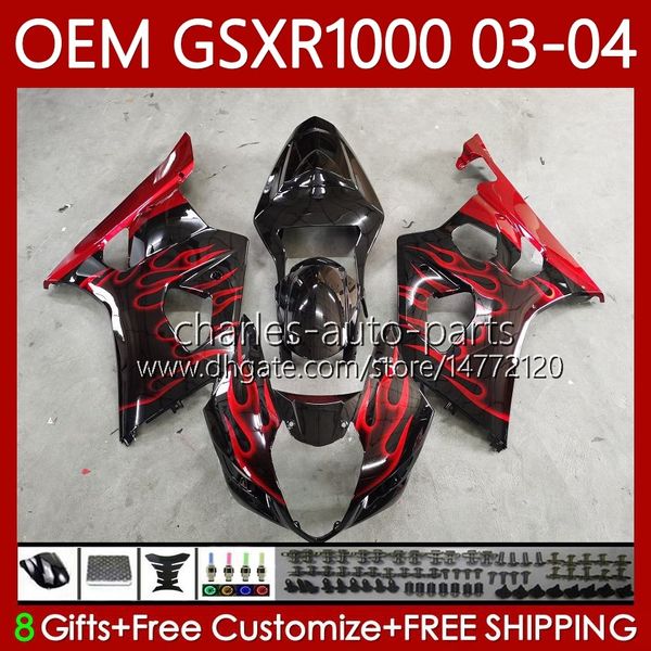 Feedings OEM 100% Fit para Suzuki 1000CC K3 GSX-R1000 03-04 Corpo 67No.224 GSXR 1000 CC GSXR1000 2003 2004 K 3 GSX R1000 GSXR-1000 Chamas Vermelhas 03 04 Modelo de Injeção