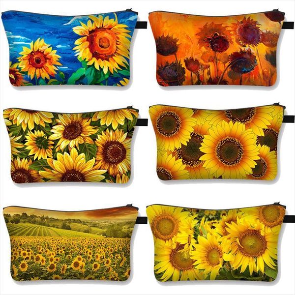 

woman mini waterproof makeup fashion cosmetic bags yellow sunflower black girls toiletry travel organizer