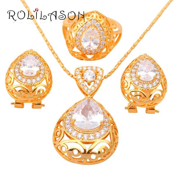 

earrings & necklace yellow gold tone zirconia crystal health earring pendant ring size #5.75 #6.75 #7.75 jewelry set js355, Silver