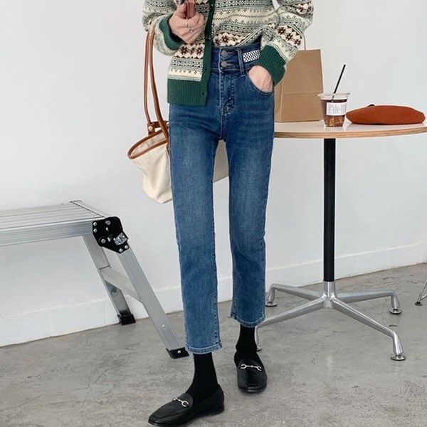 

women's jeans blue straight spring and autumn 2021 small man high waist thin nine point pipe pants ins