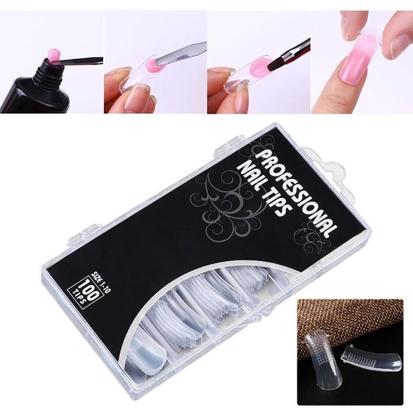 

false nails 1 box 100pcs fake transparent french nail tips artificial acrylic ballerina coffin manicure design set diy tool, Red;gold