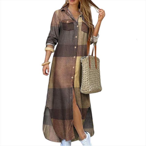 

fashion long sleeve printed womens dresses pockets buttons party beach maxi shirt clothing street wear, Black;gray