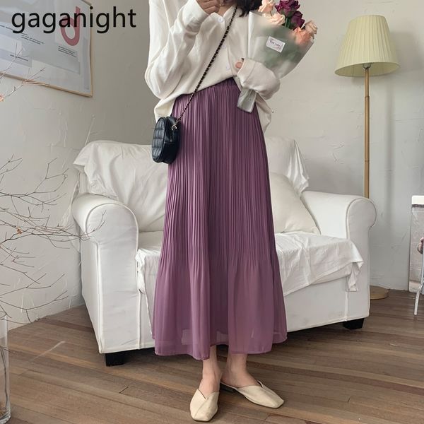 

gaganight solid pleated chiffon skirts women summer chic a-line long jupe new style high waist slim skirt female 210309, Black