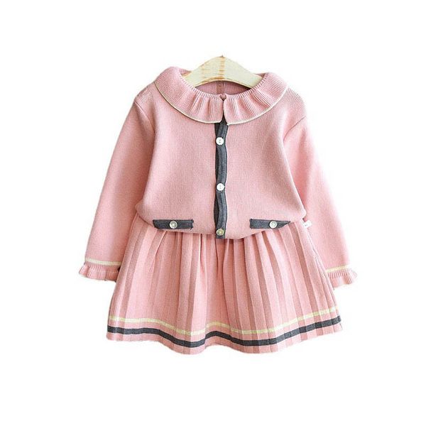 

girls sweater sets kids clothing baby clothes outfits autumn winter knitting patterns cardigan coat pleated skirts children suits princess 2, Blue