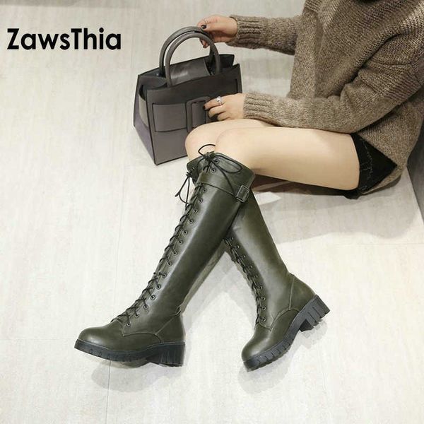 

zawsthia pu faux leather lace up woman boot riding equestrian mid calf boots winter warm plush knee high women knight boots 210611, Black