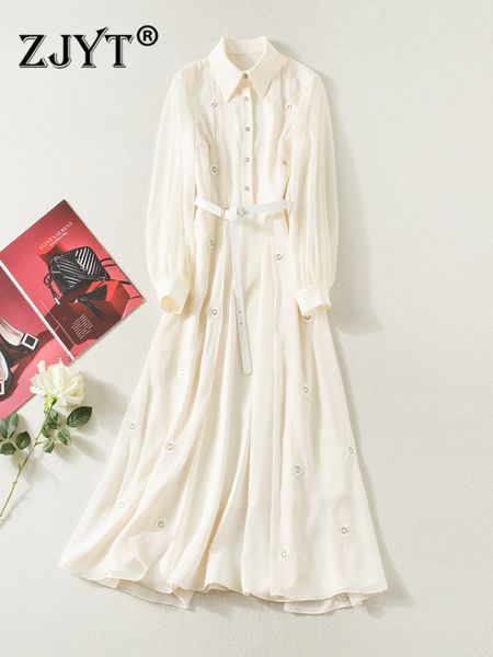 

2022 spring runway embroidery long dress women elegant full sleeve single breasted shirt maxi party vestidos casual holiday robe femme, Black