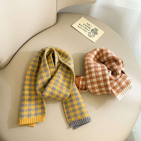 

scarf korean color matching knitting wool children's shawl lattice autumn winter warm boys and girls' neck, Blue;black