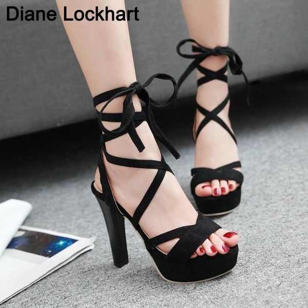 

women heeled sandals cross-tied ankle strap pumps super high heels 11cm square heels ladies party wedding shoes sandals size 32, Black