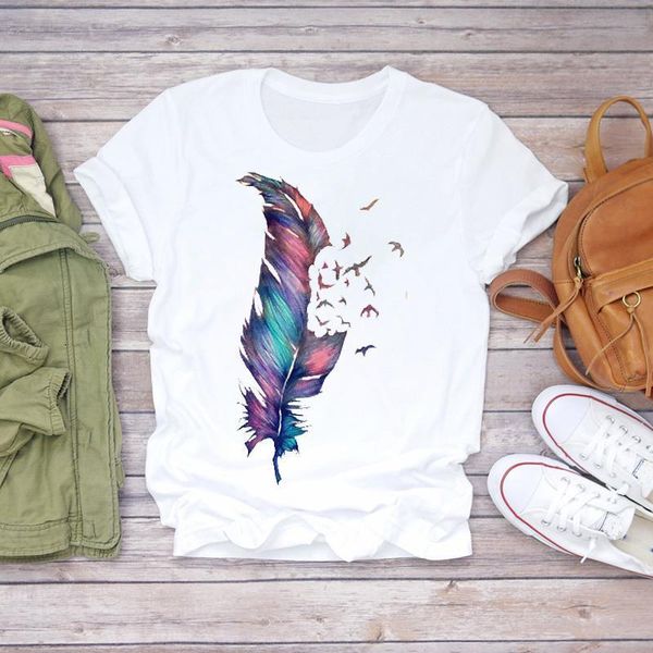 

women feather bird cartoon watercolor 90s fashion clothes lady t-shirts womens t shirt ladies graphic female tee t-shirt, White
