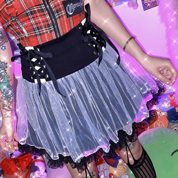 

skirts punk harajuku sweet style womens girls bowtie double net female high waist ball gown mini short, Black