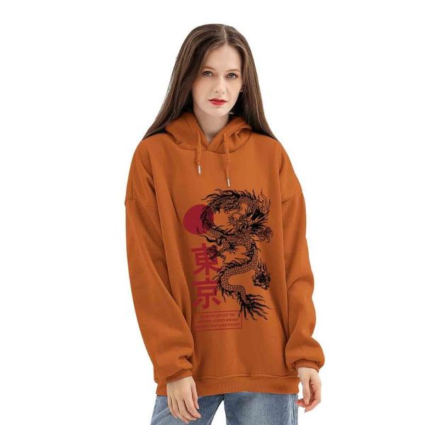 

women's hoodies & sweatshirts drop shoulder chinese dragon print oversized sweatshirt women drawstring hoodie cute hip hop kawaii women, Black