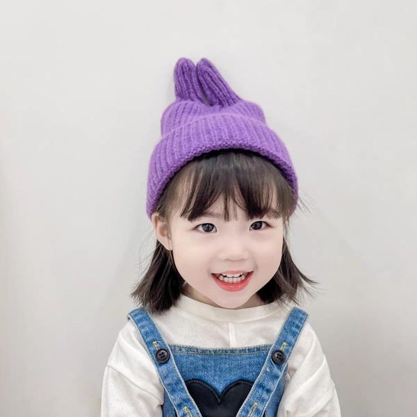 

beanies kids woolen hats 2021 autumn winter boys girls hat korean version ears solid color children knitting cap nipple caps