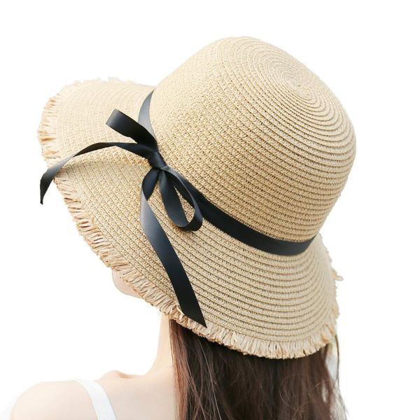 

wide brim hats women's hat summer straw big sun uv protection panama floppy beach ladies bow chapeau femmel, Blue;gray