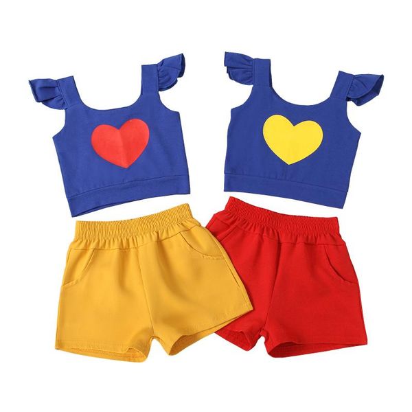 

valentines days lovely kids girls clothes sets 2pcs love heart print ruffles sleeve vest shorts 0-4y, White