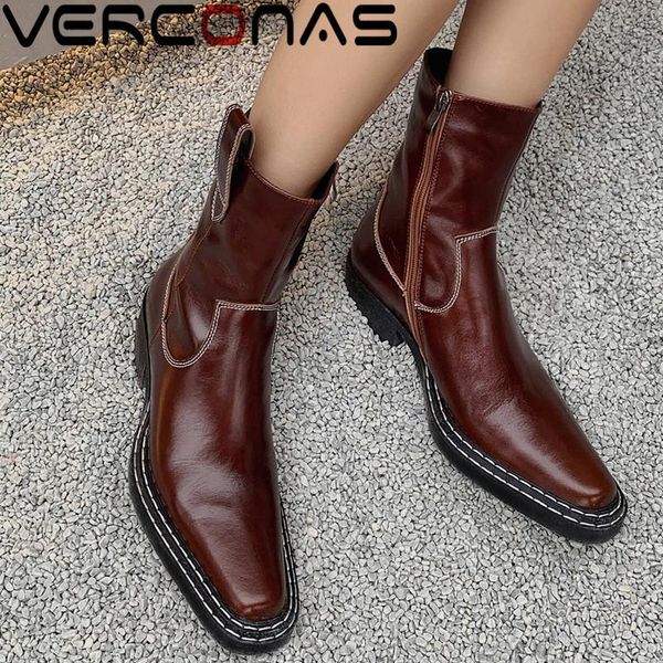 

boots verconas retro elegant woman ankle autumn winter warm cow leather party office prom basic shoes brand fashion, Black