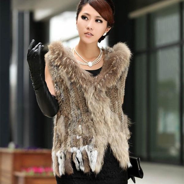 

women's fur & faux urmall lady genuine knitted vest waistcoat raccoon hoody tassels women real gilet outerwear lf4023, Black