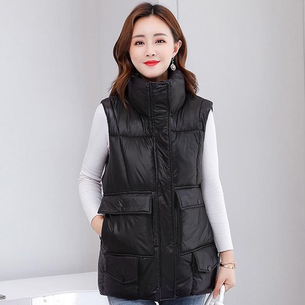 

women's vests autumn winter women's black vest puffer jacket with big pocket warm casual cotton padded female zipper sleeveless wai, Black;white