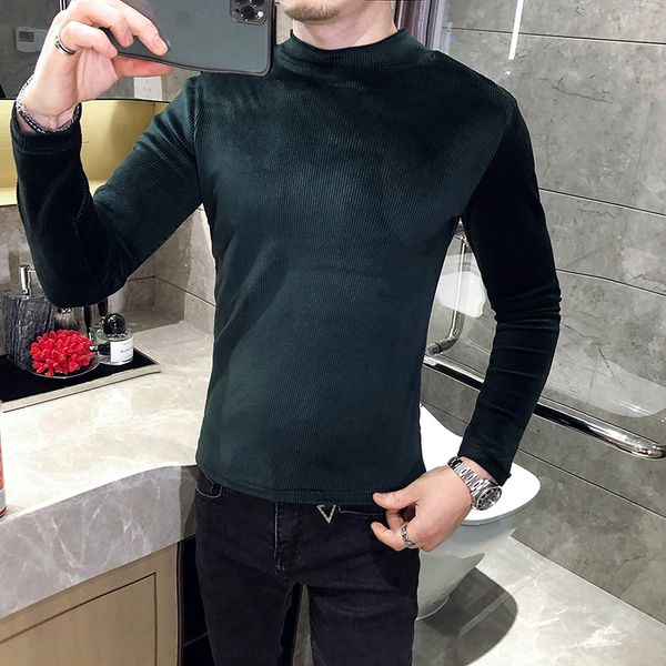 

mode 2021 autumn winter t long sleeve all simple games fine fit of casual men's solid knitted shirt high collar r9gt, White